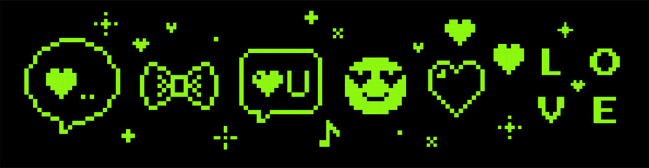 Fototapete - Retro pixel art design with hearts, bow icon, smile face and game abstract elements. Geometric love pattern. Trendy Y2k retro sticker. Playful pixel shapes. Mood of 90's aesthetics. Black background