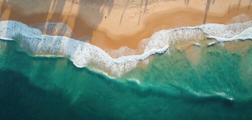 Poster - Aerial view of beach. Sand meets turquoise ocean water with wave foam. Tree shadows on sand. Summer vacation destination. Seaside resort illustration from above, idyllic tropical landscape.