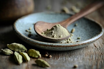 Wall Mural - Cardamom powder sprinkled over a ceramic spoon on a rustic wooden table