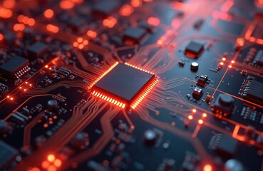 Leinwandbilder - 3D render of glowing red circuit board, futuristic technology data transfer background. Digital connection cyberspace system with microchips, hardware, server. AI, robotic automation, information