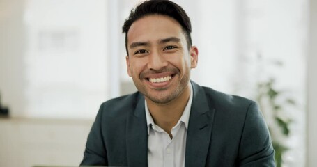 Poster - Face, smile and business with an indian man in his office to work on a laptop for a company report. Portrait, company and a happy young professional at a desk in his workplace for professional growth