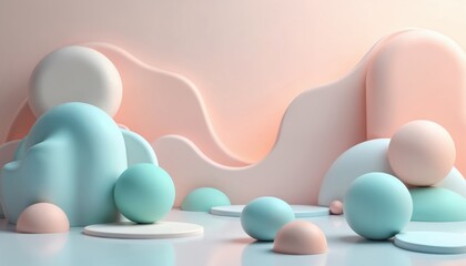 Aufkleber - Pastel color palette geometric composition with spheres, platform, and matte shapes. Modern abstract smooth background for product presentation, trendy design, creative projects.