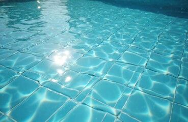 Aufkleber - Crystal clear blue water in swimming pool. Light reflects creating wave pattern on tiles floor. Relaxing summertime vibe, aquatic background for wellness, holidays, vacation.