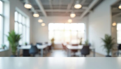 Poster - Blurred open space office interior illustration for background use. Workspace, desktop, tables, chairs in bokeh effect. Business space, modern design, light colours. Defocused cozy room.