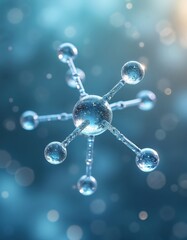 Poster - Illustration of water molecule structure on blue bokeh background. Transparent molecular arrangement, H2O compound representation. Scientific research, medical, healthcare, beauty, cosmetic concepts