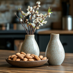 Wall Mural - Rustic Ceramic Bowls Filled with Raw Almonds on Wooden Table 