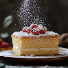 Poster - Fluffy Sponge Cake with Fresh Raspberries and Powdered Sugar 