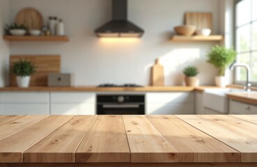Poster - Illustration of kitchen interior with wooden table foreground on blurred white background. Empty wood counter, stove, sink, shelves for product display, dining background. Modern cozy dining room.