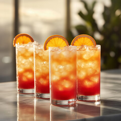 Wall Mural - Tequila Sunrise Cocktails in Tall Glasses with Orange Garnish