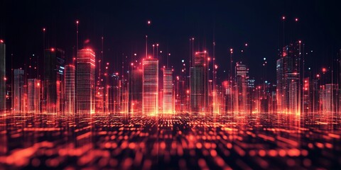 Leinwandbilder - Red glowing digital city skyline at night, data streams, futuristic background