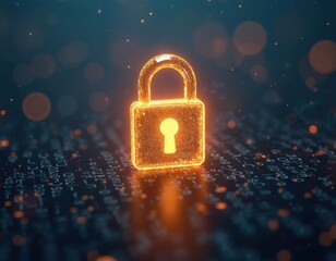 Aufkleber - Glowing padlock on dark background. Digital cyber safety illustration depicts cybersecurity, data encryption, protection. Symbolizes privacy, secure system, firewall, password, lock, access, defense.