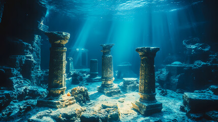 Sticker - Ancient temple ruins lie submerged beneath azure waters shafts of sunlight illuminating the intricate stonework and vibrant marine life in a tranquil underwater scene. Underwater Temples. Illustration