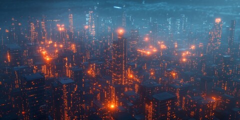 Poster - Futuristic city night aerial, glowing buildings, urban landscape, sci-fi backdrop