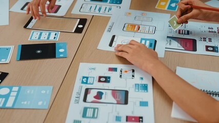 Poster - panorama video of startup ux developer or company employee design user interface or ui prototype for