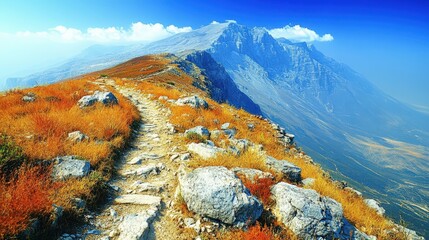 Wall Mural - Scenic Mountain Pathway with Rocky Trail and Vibrant Autumn Foliage Against Clear Blue Sky in Majestic Alpine Landscape Perfect for Hiking and Nature Lovers