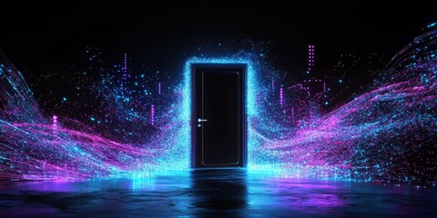 Aufkleber - Futuristic door, glowing portal, city backdrop, digital art