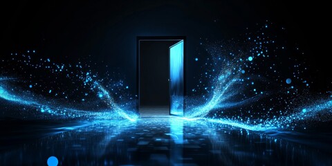 Poster - Open Door, Blue Energy, Dark Room, Futuristic Portal