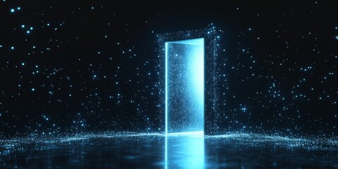 Poster - Glowing portal opens in dark space; digital particles