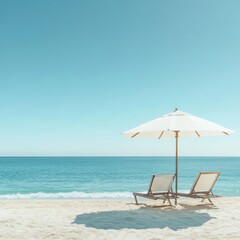 Aufkleber - Minimalistic beach paradise with lounge chair and umbrella beneath a clear blue sky and gentle ocean waves. Generative AI
