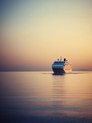 Poster - Cruise ship sailing smoothly across calm waters during sunset over a serene horizon. Generative AI