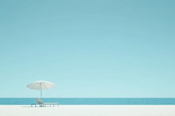 Poster - Relaxing beach with a lounge chair under a white umbrella and calm waves under a clear blue sky. Generative AI