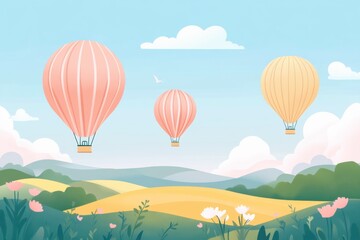 Aufkleber - Hot air balloons soar above a colorful field on a sunny day in a picturesque landscape. Generative AI
