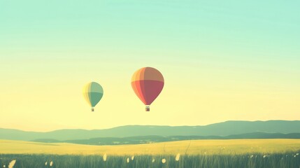 Poster - Hot air balloons drift serenely over a sprawling green field at sunrise with distant hills in the background. Generative AI