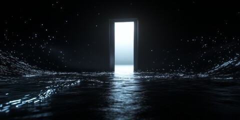 Poster - Open door, glowing light, dark room, water particles