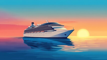 Poster - Cruise ship sailing on calm waters during a vibrant sunset in a serene ocean environment. Generative AI