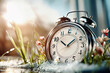 © vejaa - Spring forward. Time change in spring. Daylight saving time. Vintage alarm clock with melted snow, fresh green grass, and tiny spring flowers. Clock turn forward one hour in spring