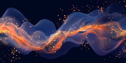 Poster - Abstract flowing wave, golden sparks, dark background, digital art, website header