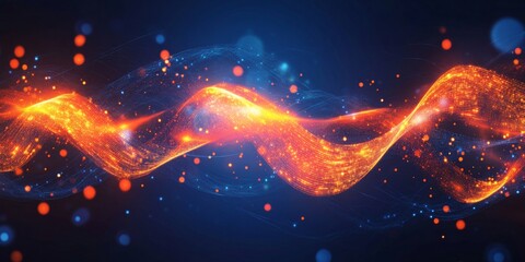 Poster - Fiery energy wave flowing, dark blue background, digital art, tech design