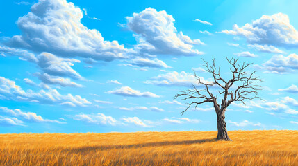 Wall Mural - A lone, skeletal tree stands in a vast field of golden grass beneath a clear blue sky dotted with fluffy white clouds. Skeletal Landscapes. Illustration