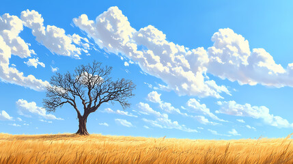 Wall Mural - A lone, skeletal tree stands in a vast field of golden grass beneath a clear blue sky dotted with fluffy white clouds. Skeletal Landscapes. Illustration