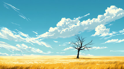 Wall Mural - A lone, skeletal tree stands in a vast field of golden grass beneath a clear blue sky dotted with fluffy white clouds. Skeletal Landscapes. Illustration