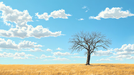 Wall Mural - A lone, skeletal tree stands in a vast field of golden grass beneath a clear blue sky dotted with fluffy white clouds. Skeletal Landscapes. Illustration