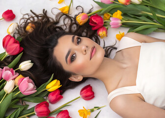 Wall Mural - young beautiful woman lying and looking into camera lens against tulips background, top view