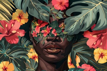 Wall Mural - beautiful african woman with flowers and leaves covering the face