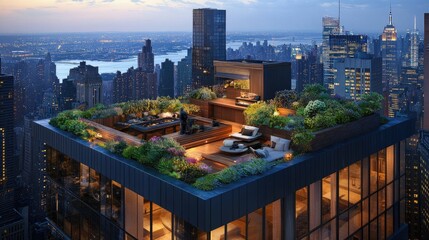 Poster - City penthouse with a rooftop garden, sleek exterior design, and vibrant lighting.