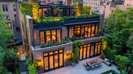 Poster - City penthouse with a rooftop garden, sleek exterior design, and vibrant lighting.