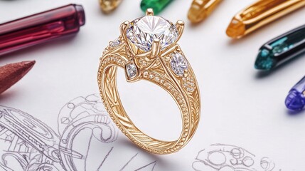 Poster - Detailed hand-drawn designs of a high-end engagement ring surrounded by gemstones.