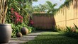 © Sampao - Luxury villa tropical garden with a bamboo fence, stylish decor, and warm ambiance.