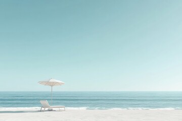 Aufkleber - Relaxing day at the beach with a lounge chair and umbrella by the calm ocean waves under a clear blue sky. Generative AI