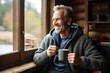 © Iigo - Portrait of smiling senior man with cup of tea sitting on window sill