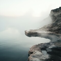 Poster - Relaxing in a serene hot spring with steam rising above rocky edges at sunrise in a peaceful natural setting. Generative AI