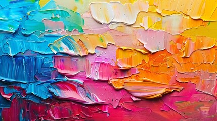 Poster - Close-up of vibrant abstract oil painting showcasing colorful, textured brush strokes in a gradient pattern.