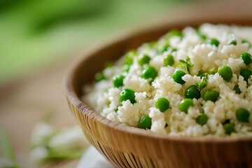 Wall Mural - cauliflower rice garnished with green peas and served in a bamboo bowl