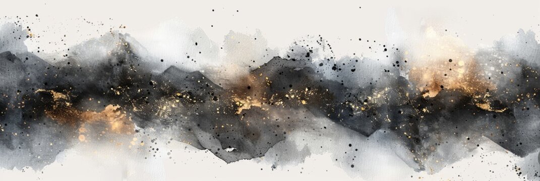 Abstract watercolor illustration with gold elements on white,