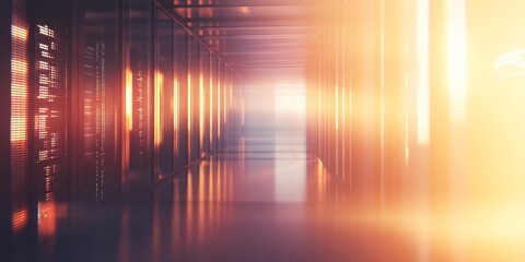 Poster - Sunset lit server room corridor, data center interior, network infrastructure