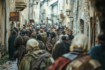 Streets filled with victims of plague during medieval epidemic.